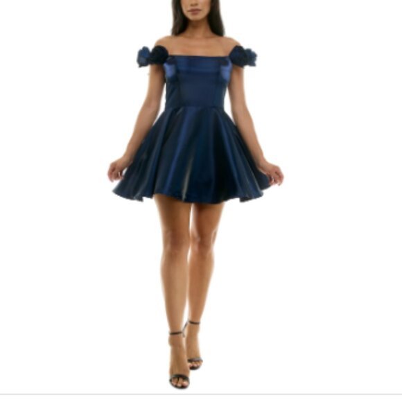 B Darlin Juniors' Rosette Off-the-Shoulder Fit & Flare Dress - Midnight - Picture 4 of 4